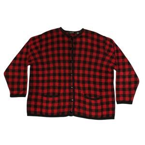Vintage Buffalo Check Plaid Knit Cardigan Sweater Women's Size 2X Button Pockets
